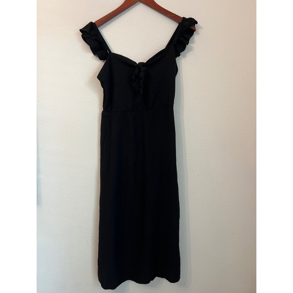 Black Midi Dress Ruffle Strap Tie Front Smocked Bodice Side Slit Casual‎